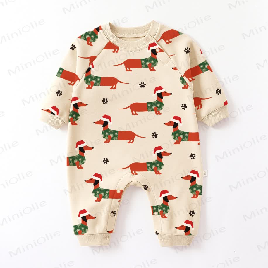 Baby Christmas Dachshund Beige Romper