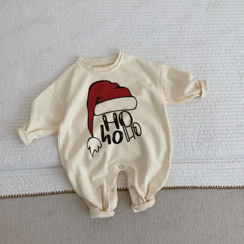 HO HO HO Baby Toddler Christmas Hat Beige Romper