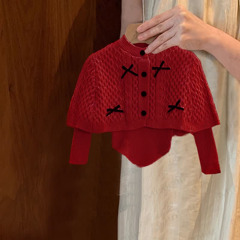 Baby Toddler Girl Bow Knit Cloak & Top & Red Mesh Skirt