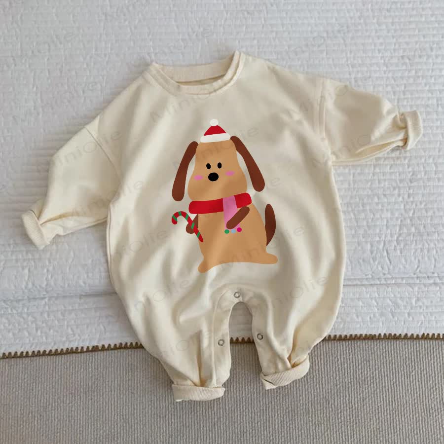 Baby Christmas Dog Beige Romper