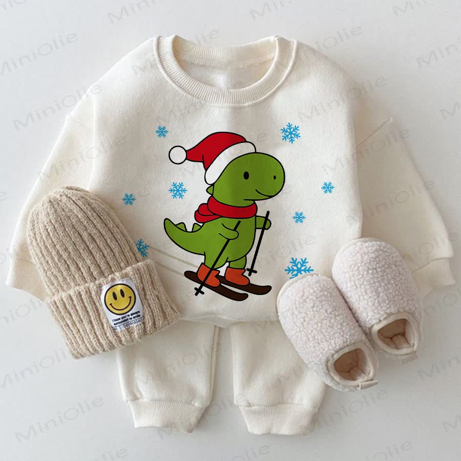 Baby Christmas Dinosaur Skiing Sweatshirt 2-piece White Set