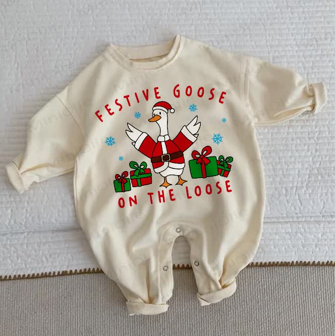 FESTIVE GOOSE ON THE LOOSE Baby Christmas Beige Romper