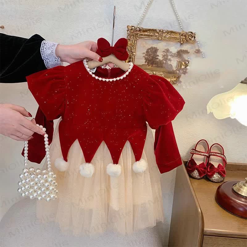 Toddler Girl Christmas Bow Mesh Red Dress