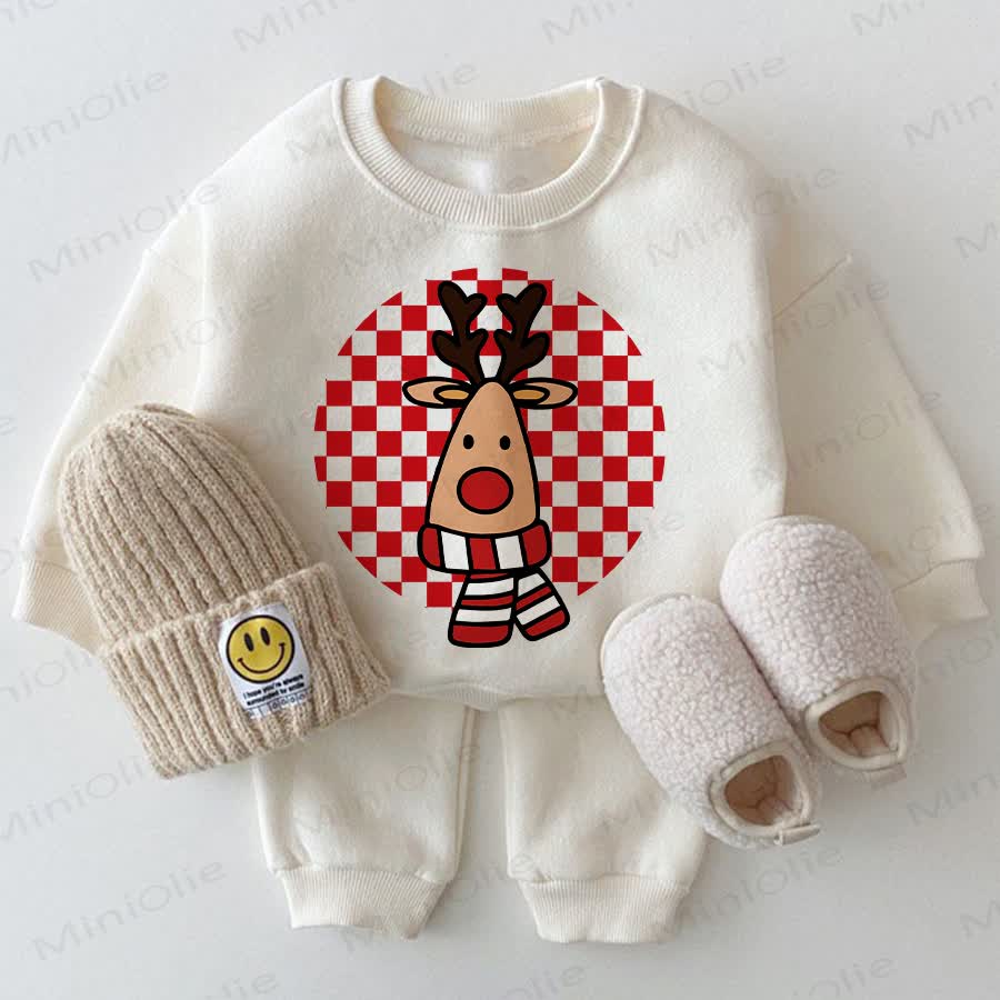 Baby Christmas Checkered Elk Sweatshirt 2-piece White Set