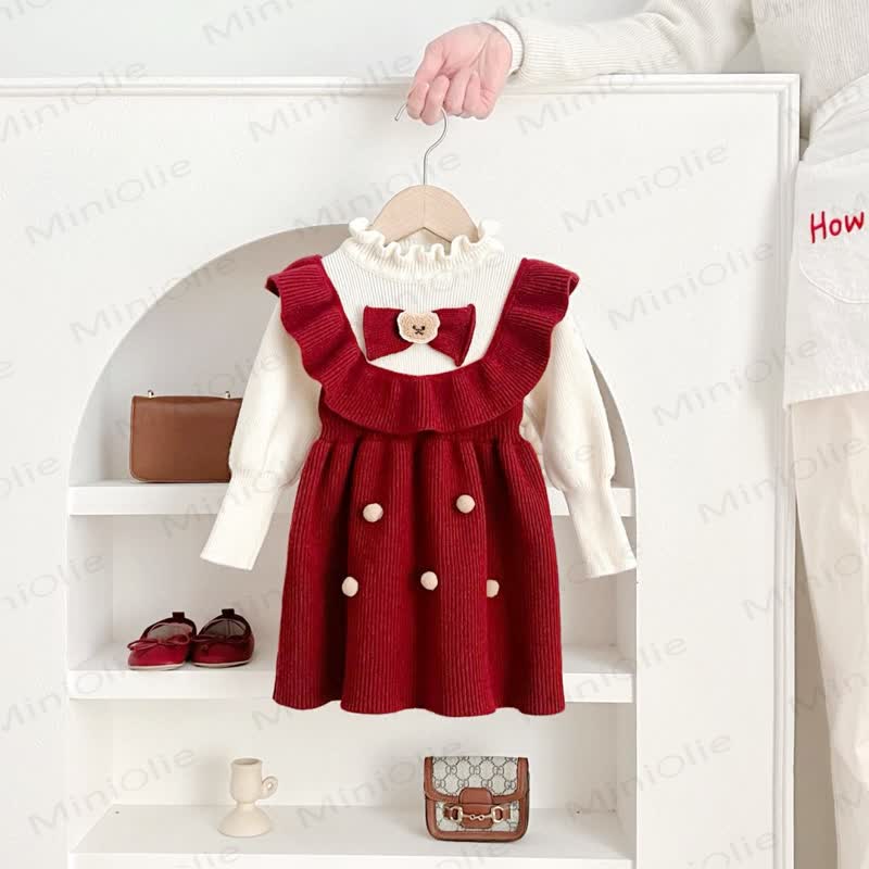 Toddler Girl Red Lace Bear Bow Knitted Christmas Dress