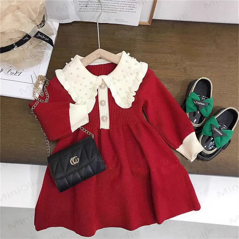 Baby Toddler Girl Small Fragrant Collar Red Knit Dress