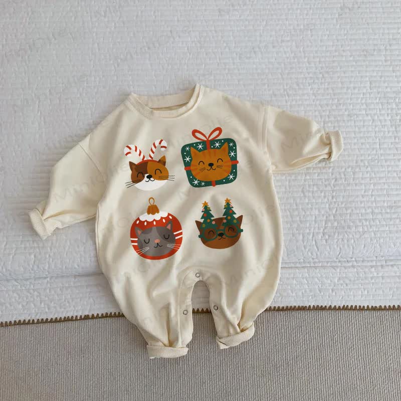 Baby Christmas Cats Tree Beige Romper