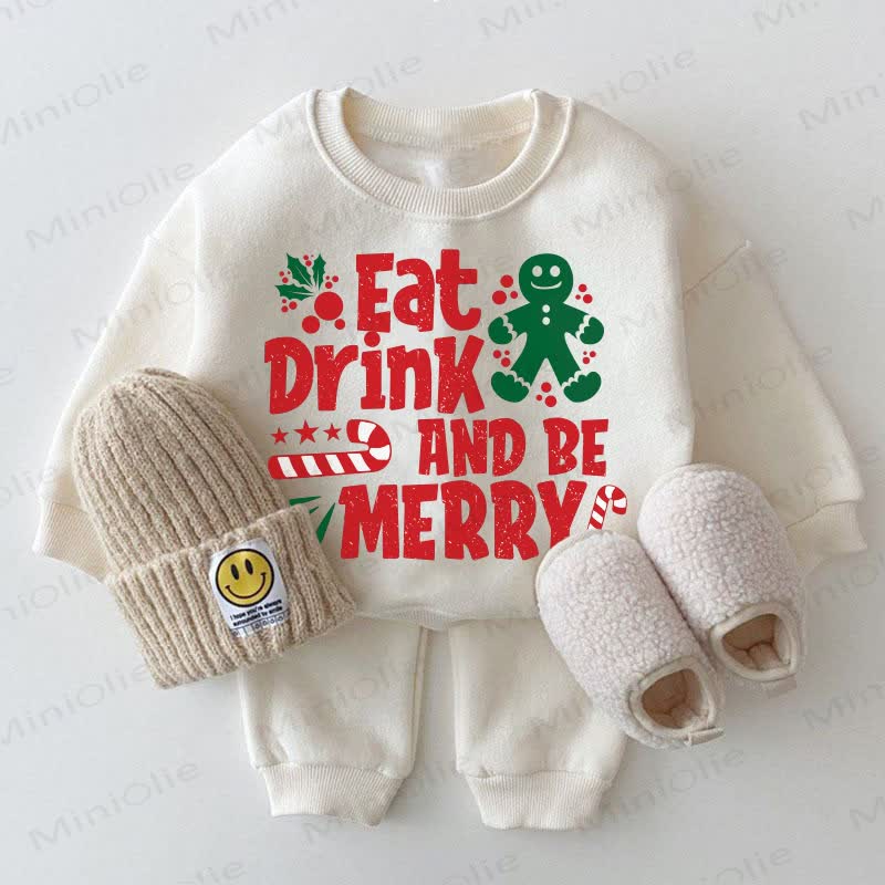 EAT DRINK AND BE MERRY Baby Sweatshirt 2-piece White Set