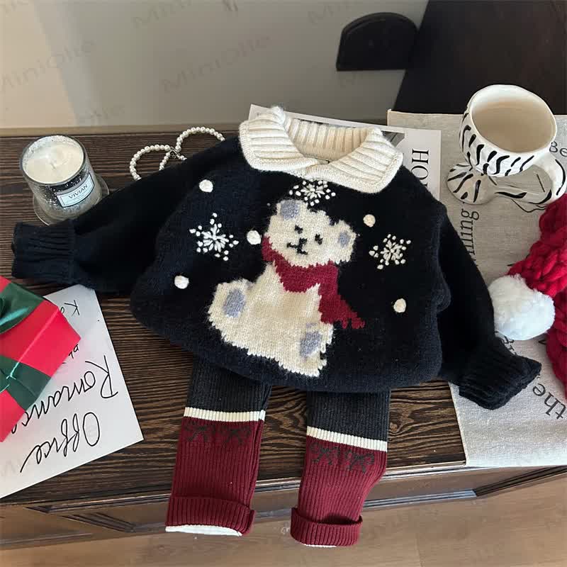 Toddler Kid Christmas Bear Knitted Sweater/Fleece Leggings