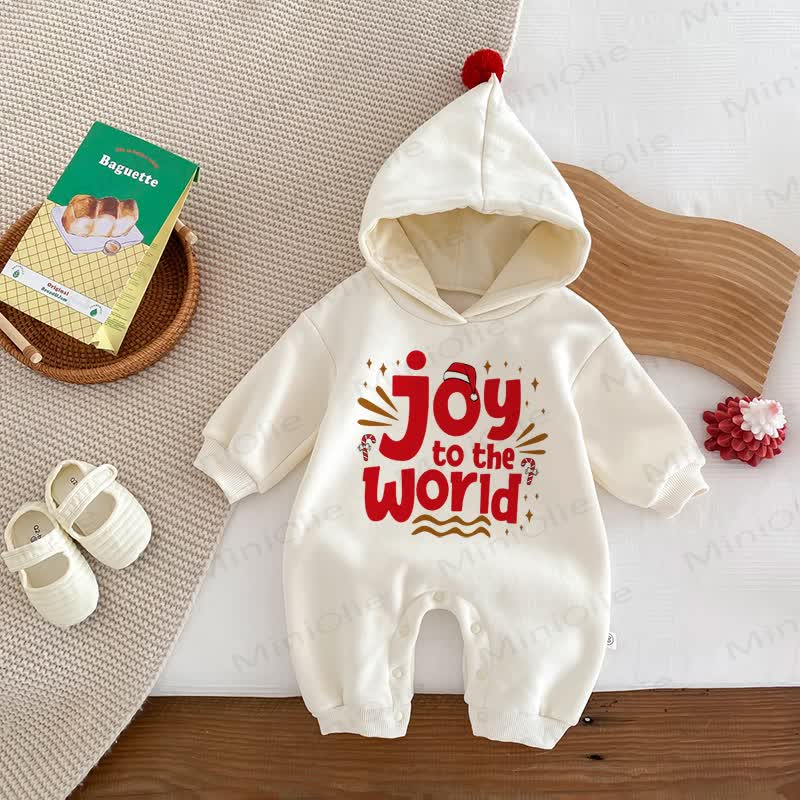 JOY TO THE WORLD Baby Toddler Christmas White Hooded Onesie