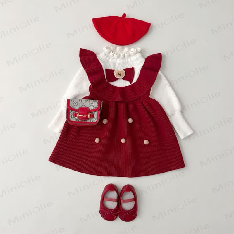 Toddler Girl Red Lace Bear Bow Knitted Christmas Dress
