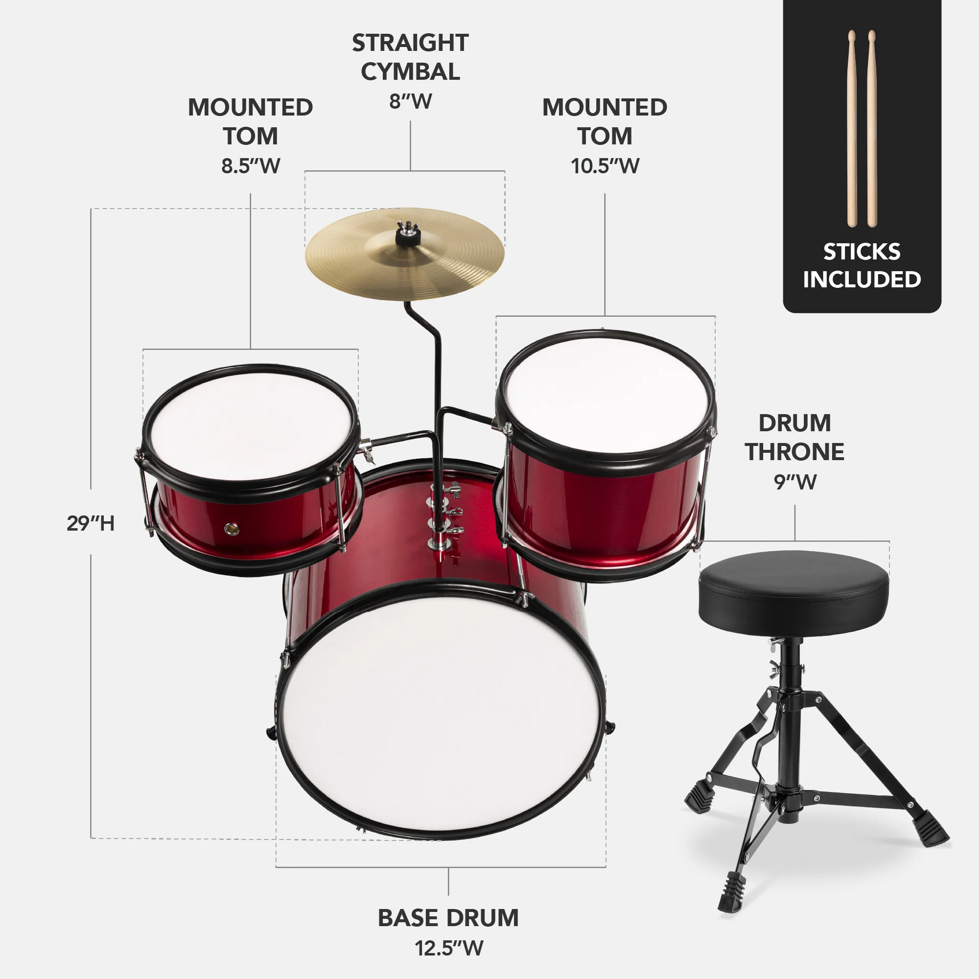 Kids Beginner 3-Piece Drum, Musical Instrument Set w/ Sticks, Stool, Pedal