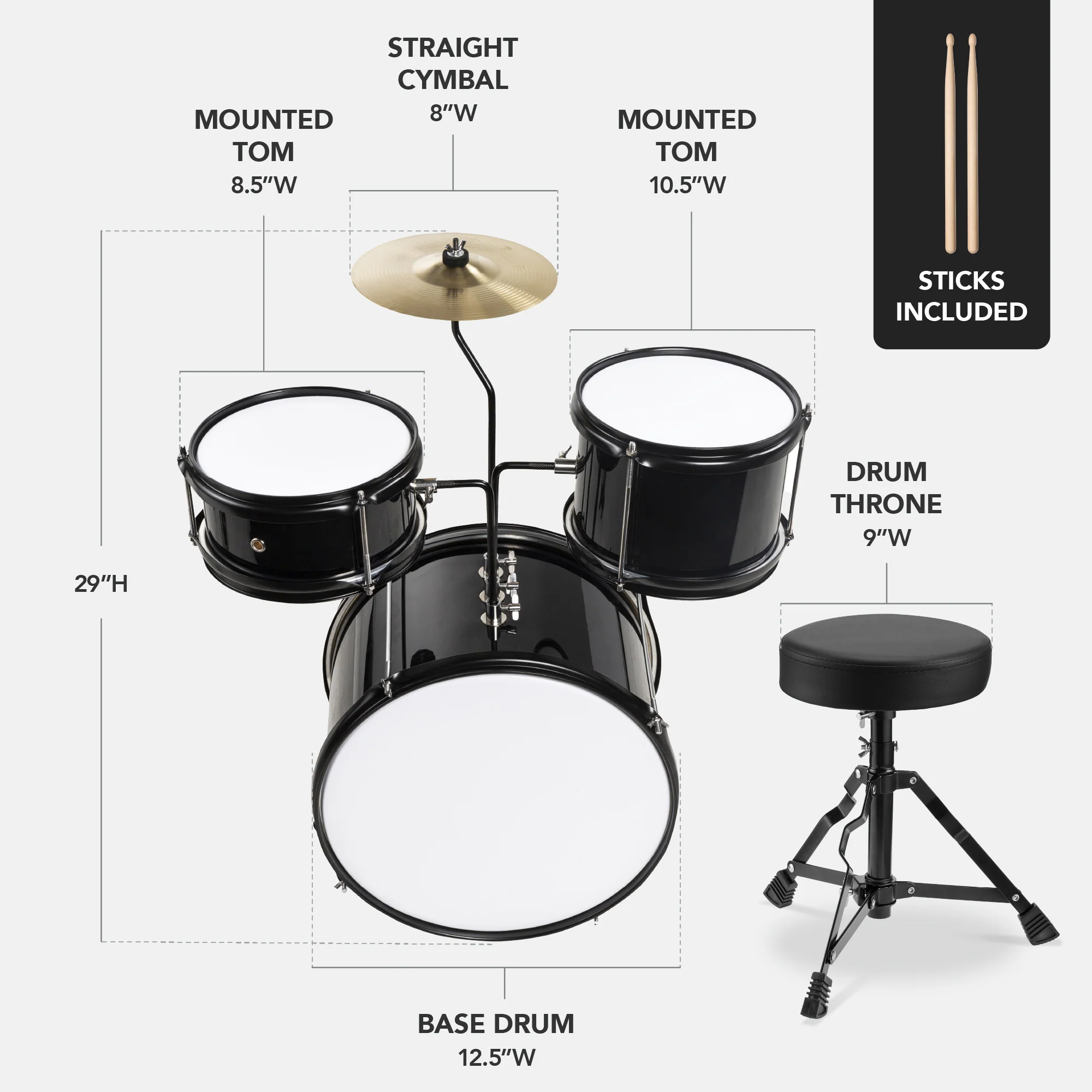 Kids Beginner 3-Piece Drum, Musical Instrument Set w/ Sticks, Stool, Pedal