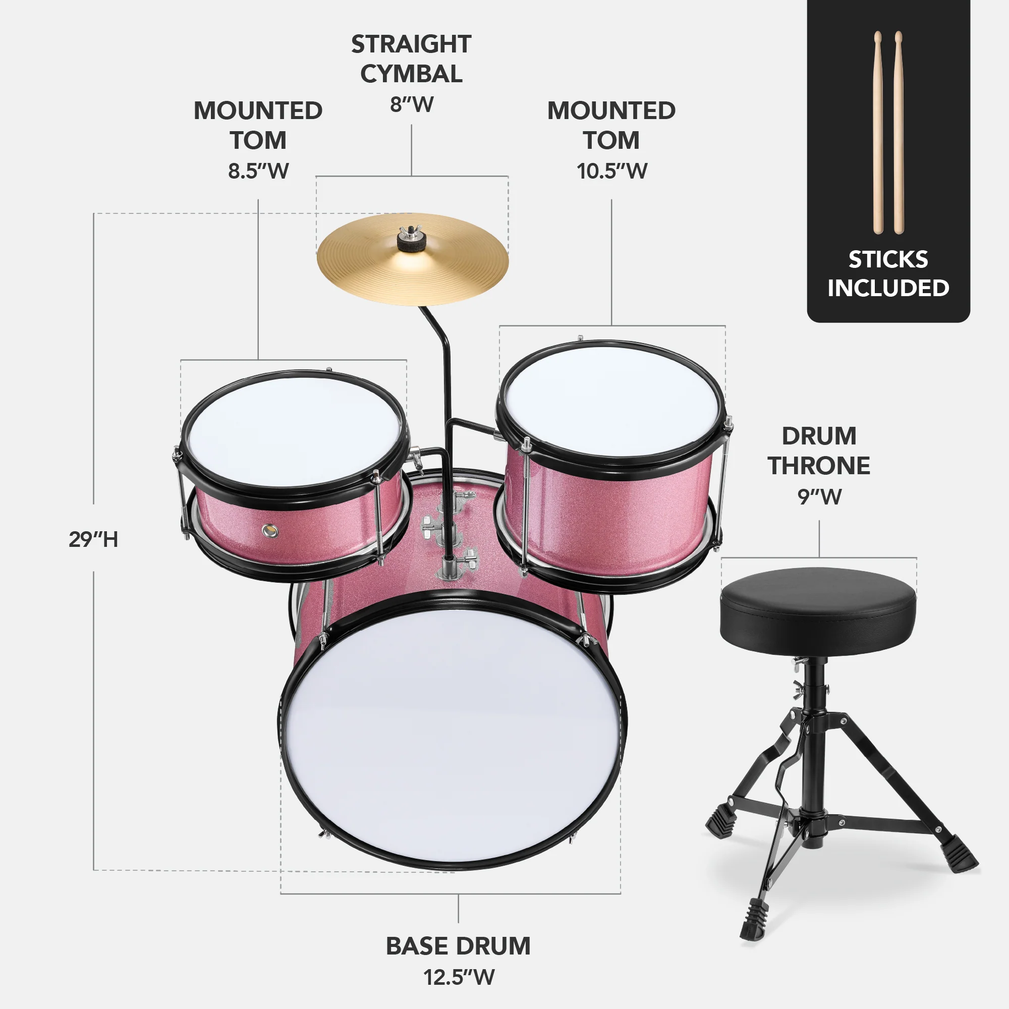 Kids Beginner 3-Piece Drum, Musical Instrument Set w/ Sticks, Stool, Pedal