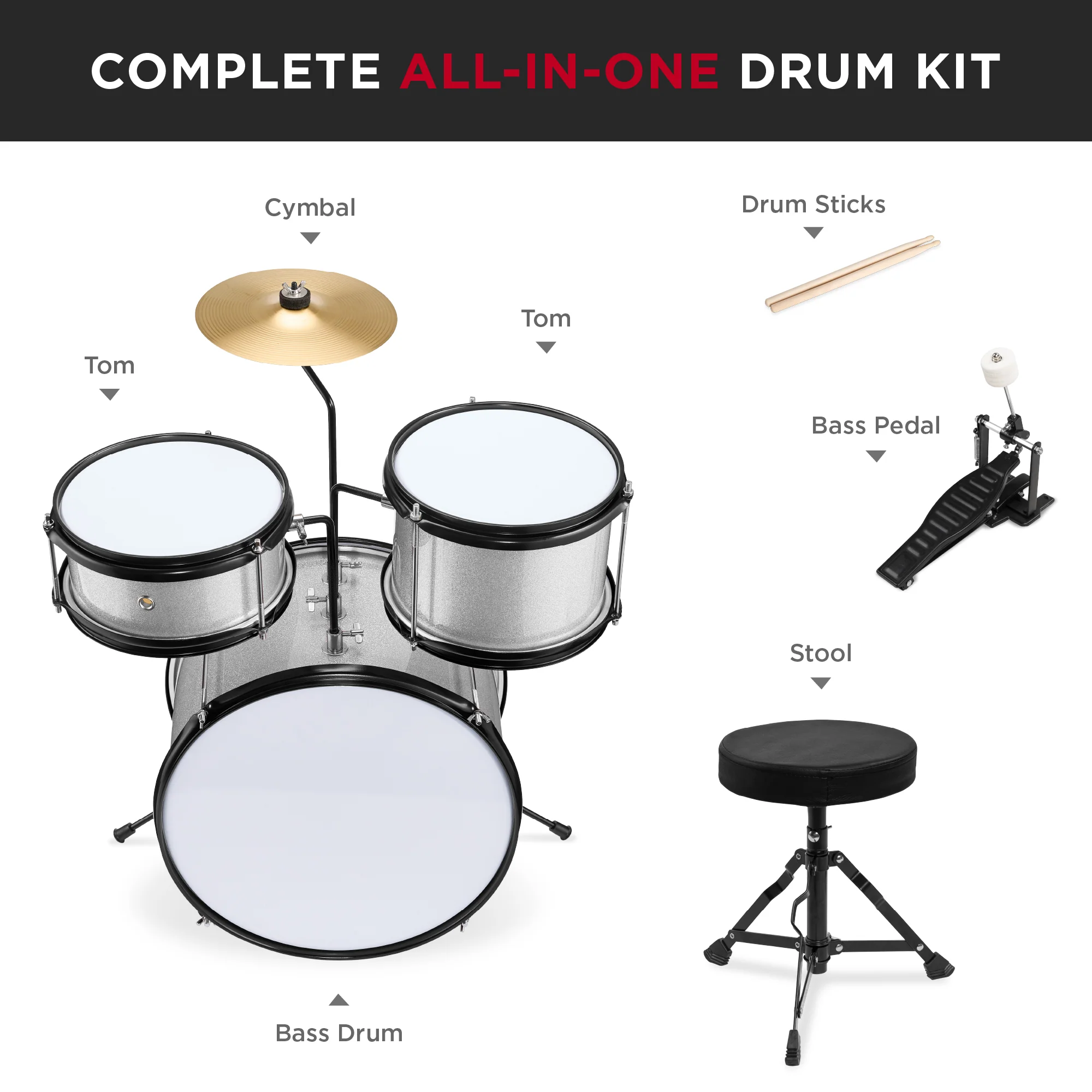 Kids Beginner 3-Piece Drum, Musical Instrument Set w/ Sticks, Stool, Pedal