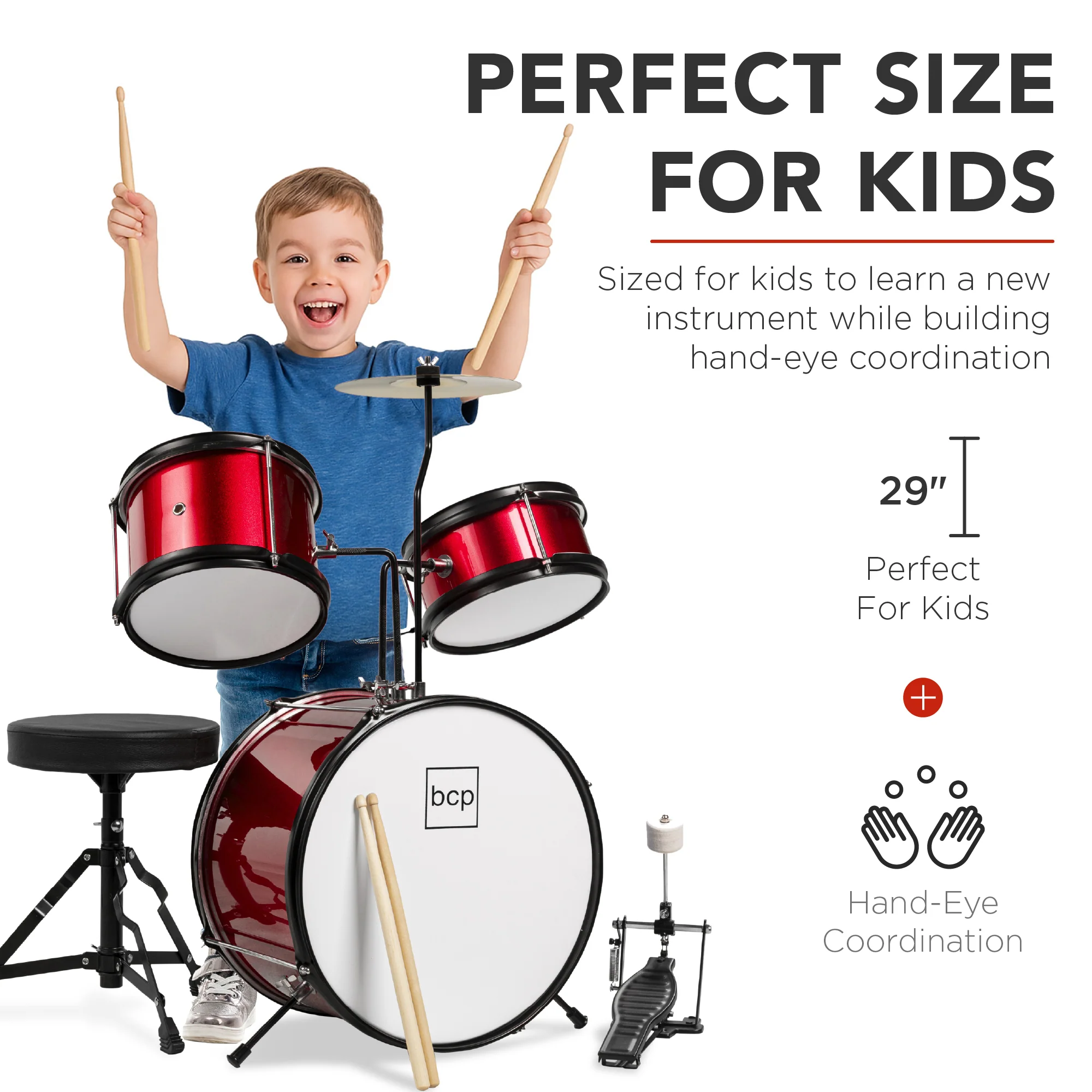 Kids Beginner 3-Piece Drum, Musical Instrument Set w/ Sticks, Stool, Pedal