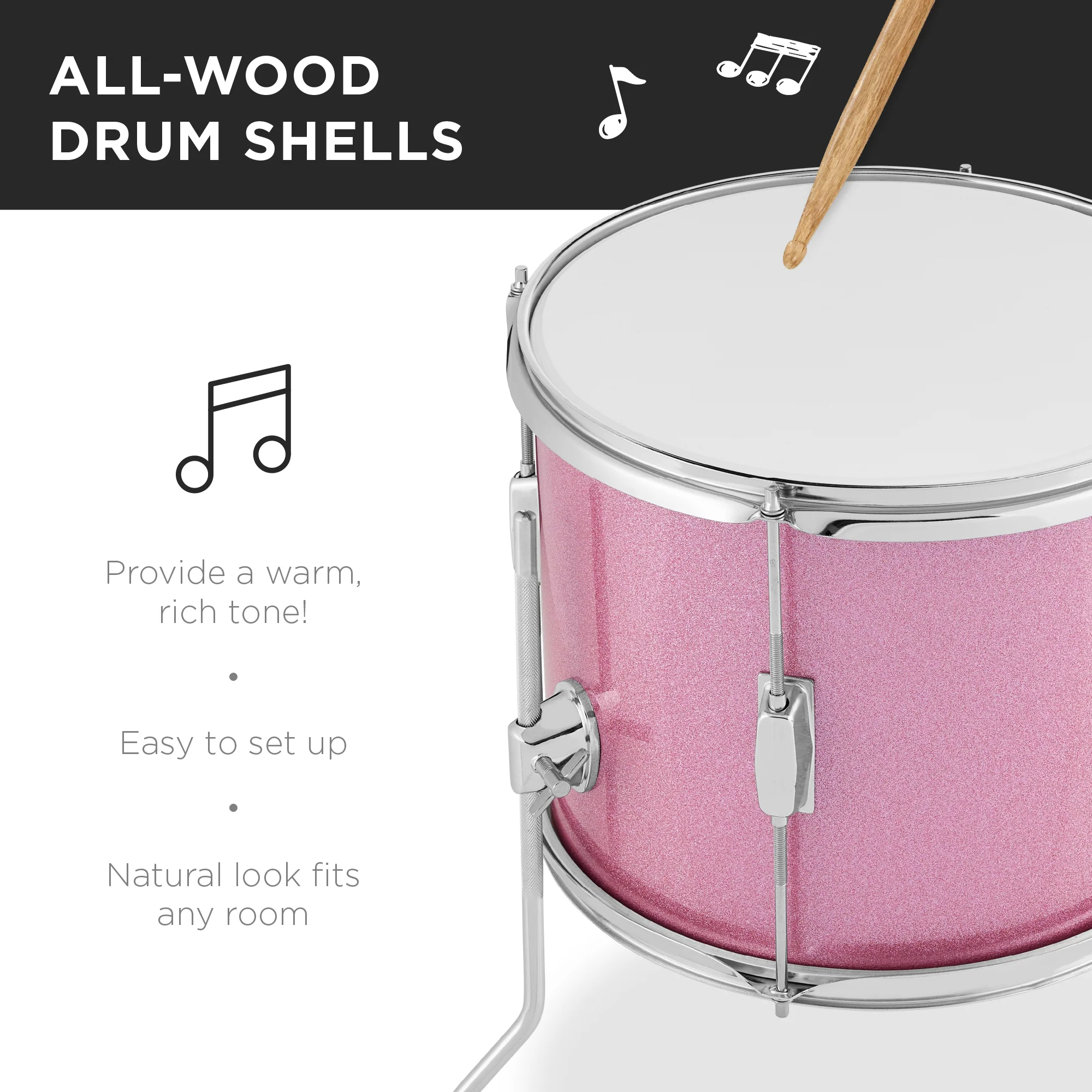 Kids Beginner All Wood Acoustic Drum Kit Starter Set w/ Stool, Drumsticks