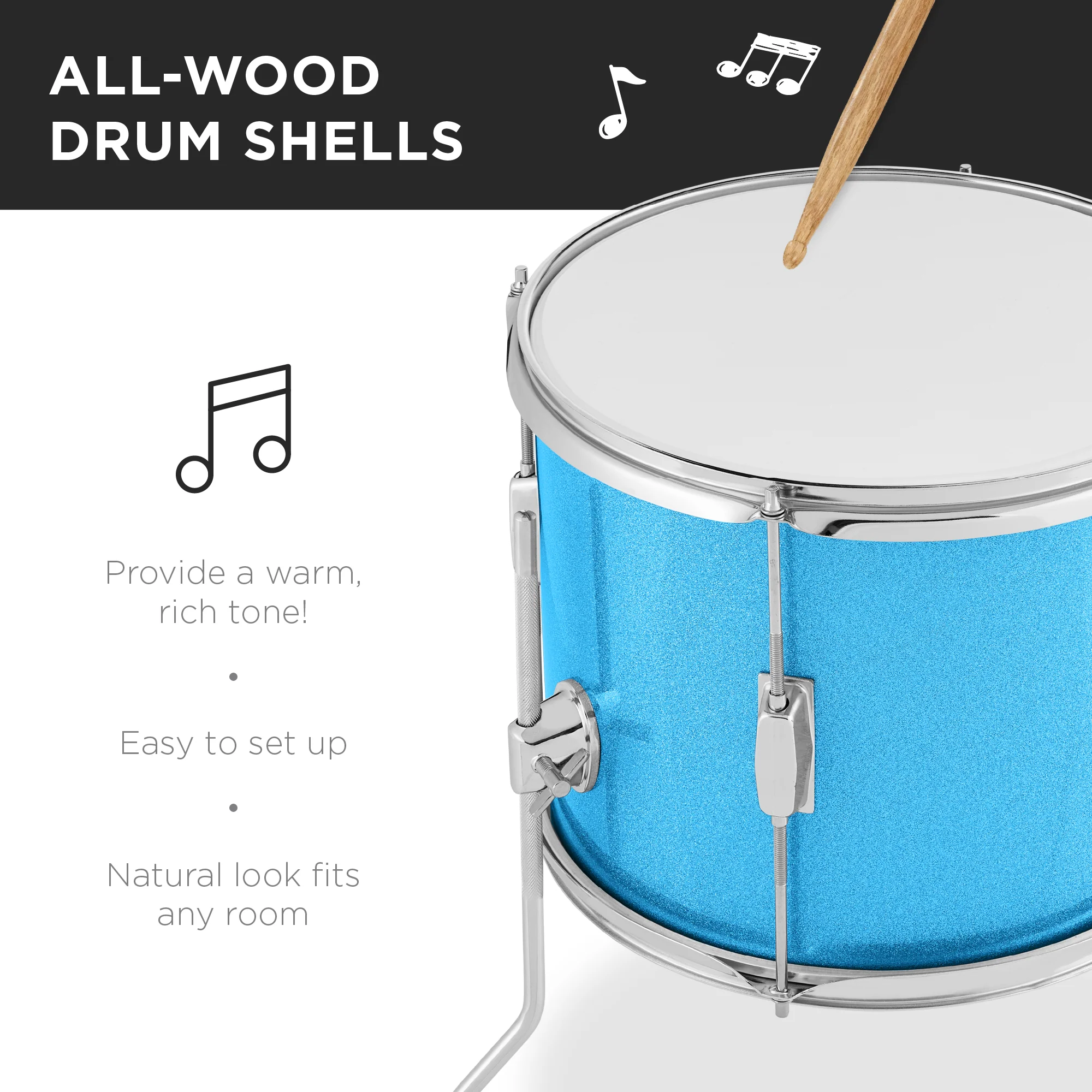 Kids Beginner All Wood Acoustic Drum Kit Starter Set w/ Stool, Drumsticks