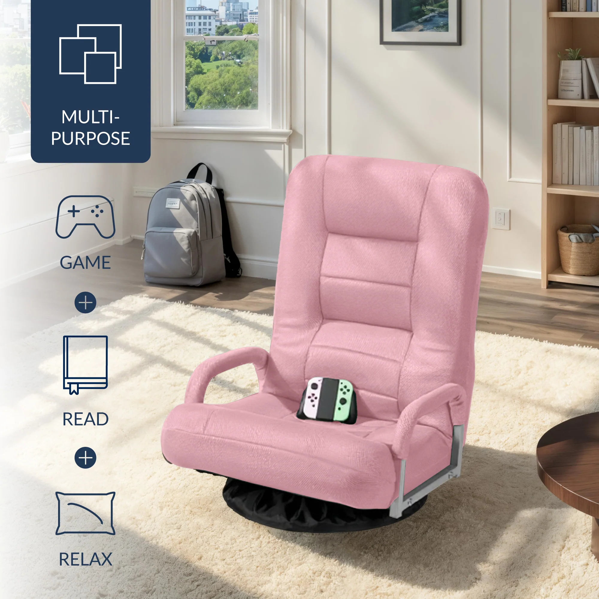 Gaming Floor Chair w/ 360-Degree Swivel, Armrest, Adjustable Backrest