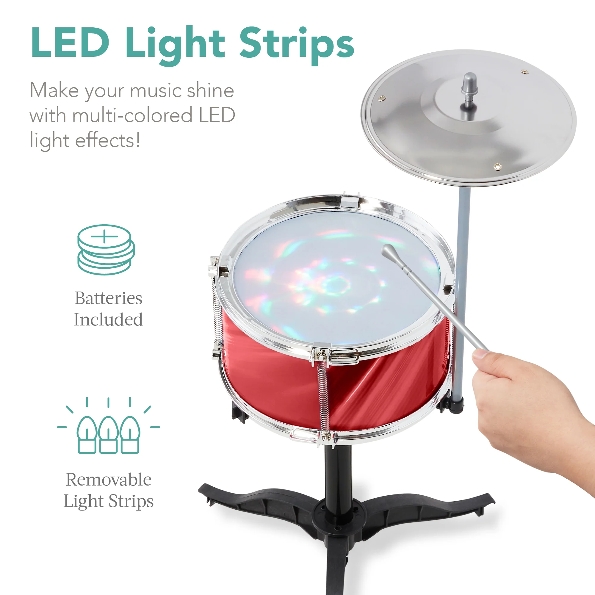 18-Piece Kids Beginner Drum Kit, Musical Instrument Toy Set w/ LED Lights