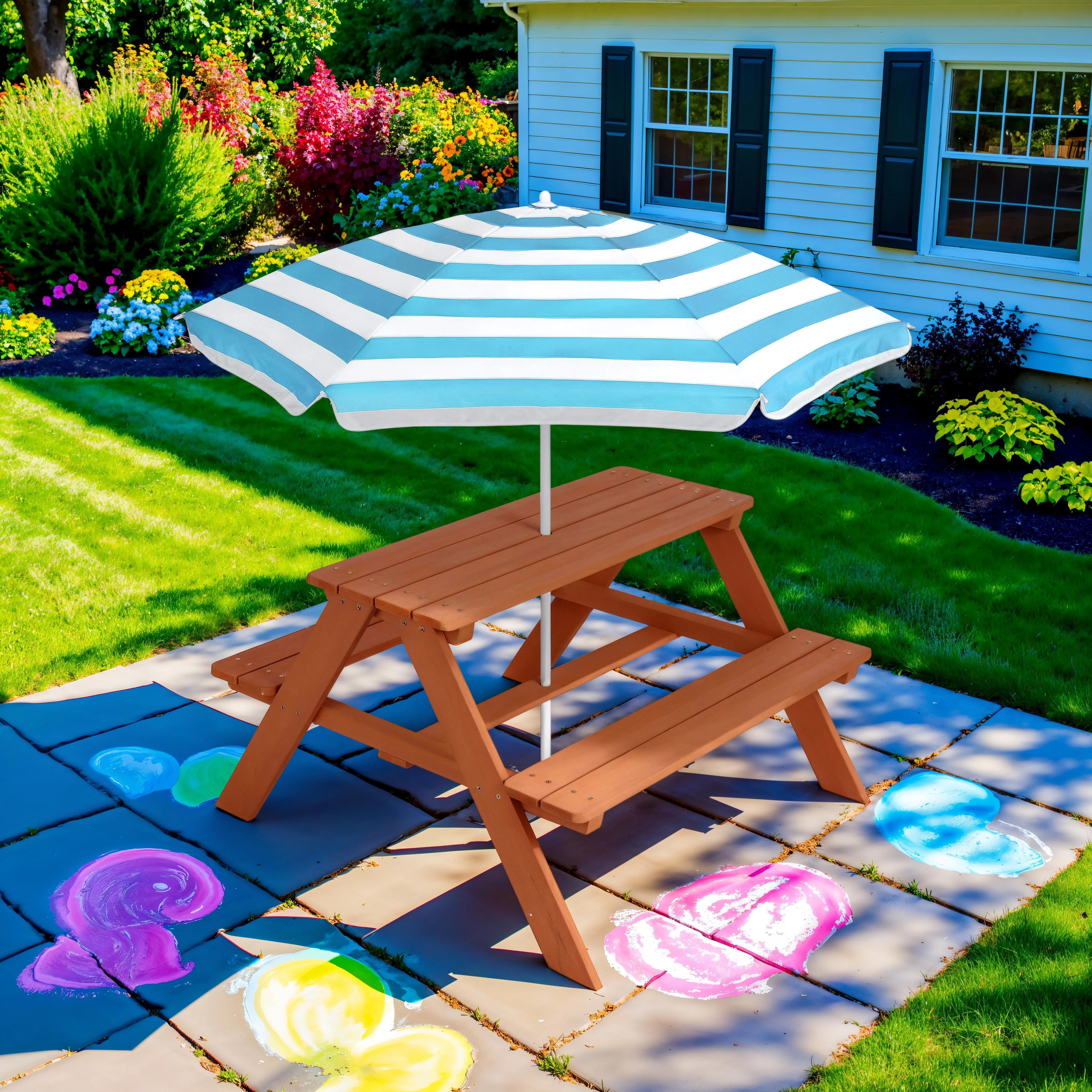 Kids Wooden Outdoor Picnic Table w/ Adjustable Umbrella, Built-In Seats