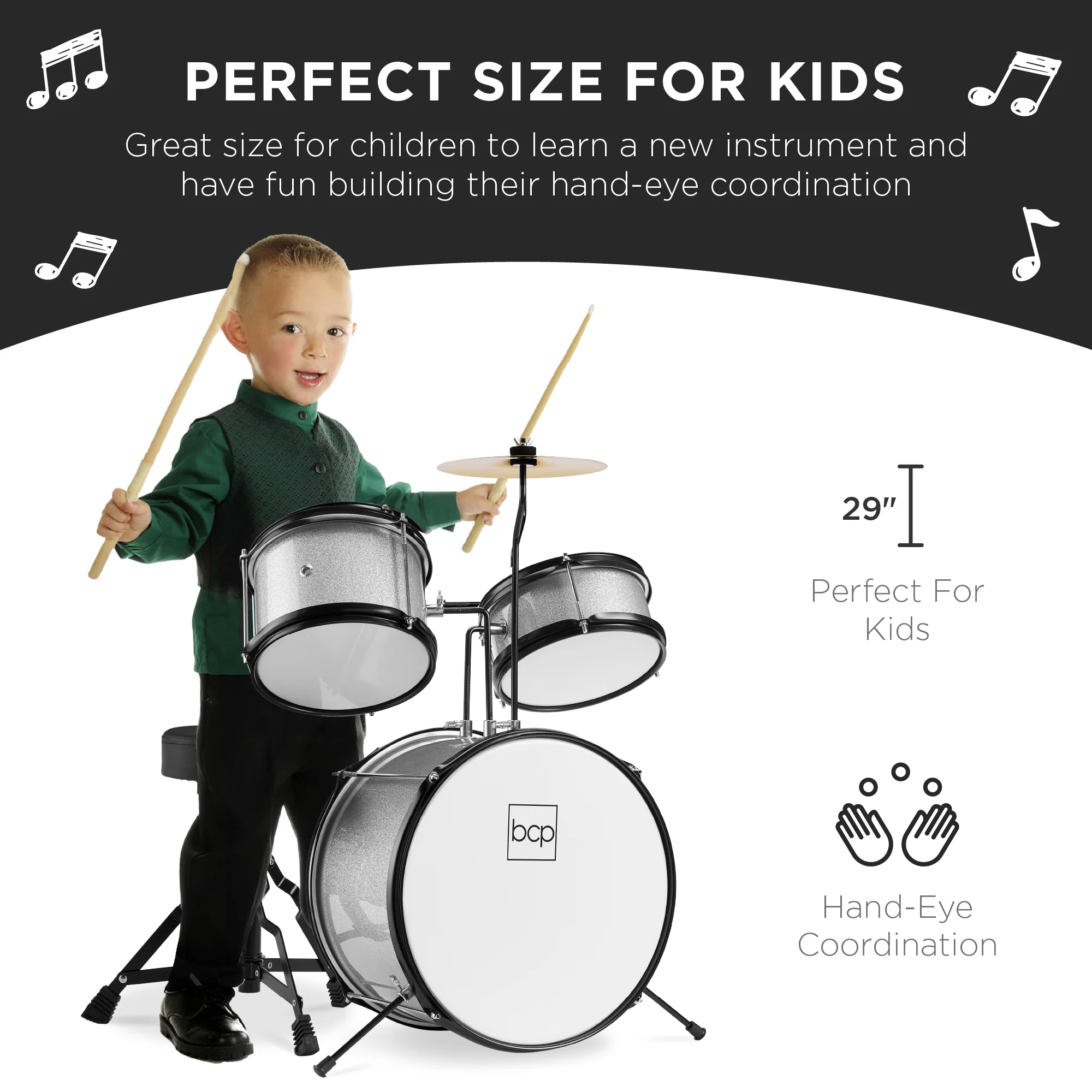 Kids Beginner 3-Piece Drum, Musical Instrument Set w/ Sticks, Stool, Pedal