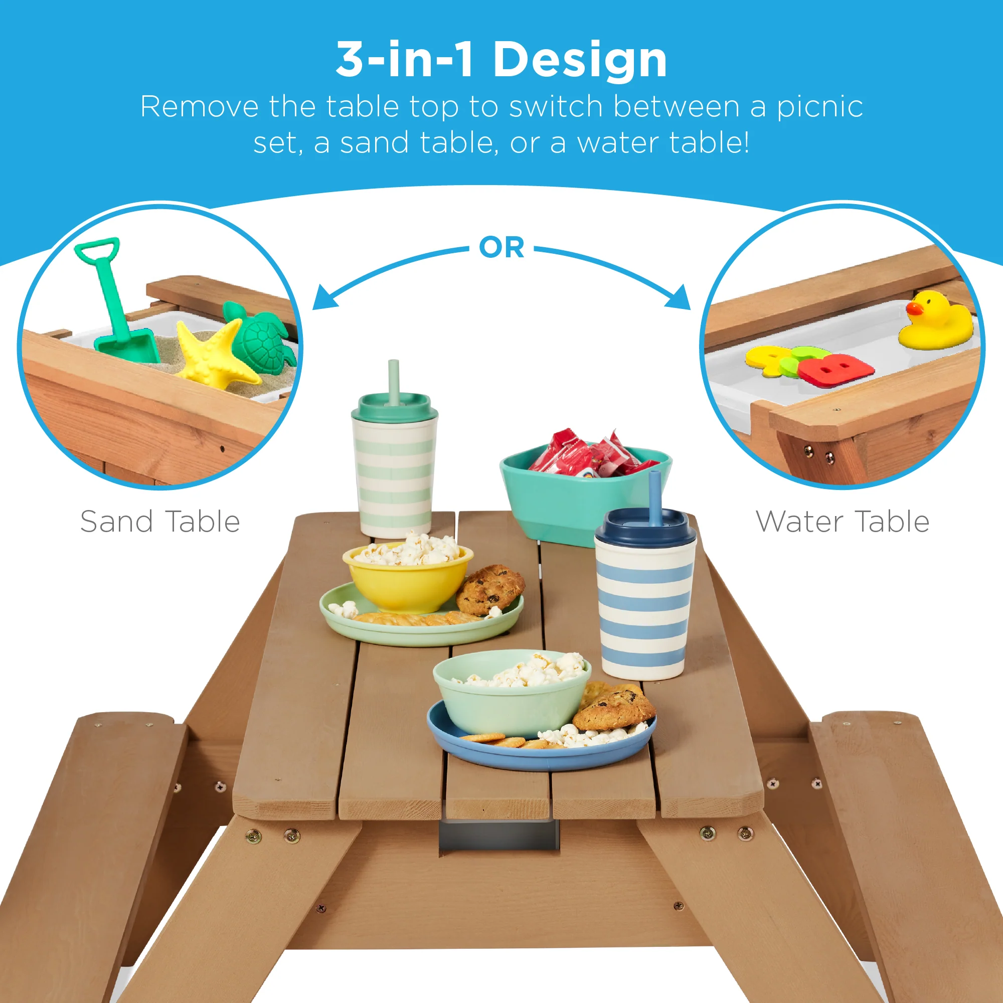 3-in-1 Kids Sand & Water Table Outdoor Wood Picnic Table w/ Umbrella
