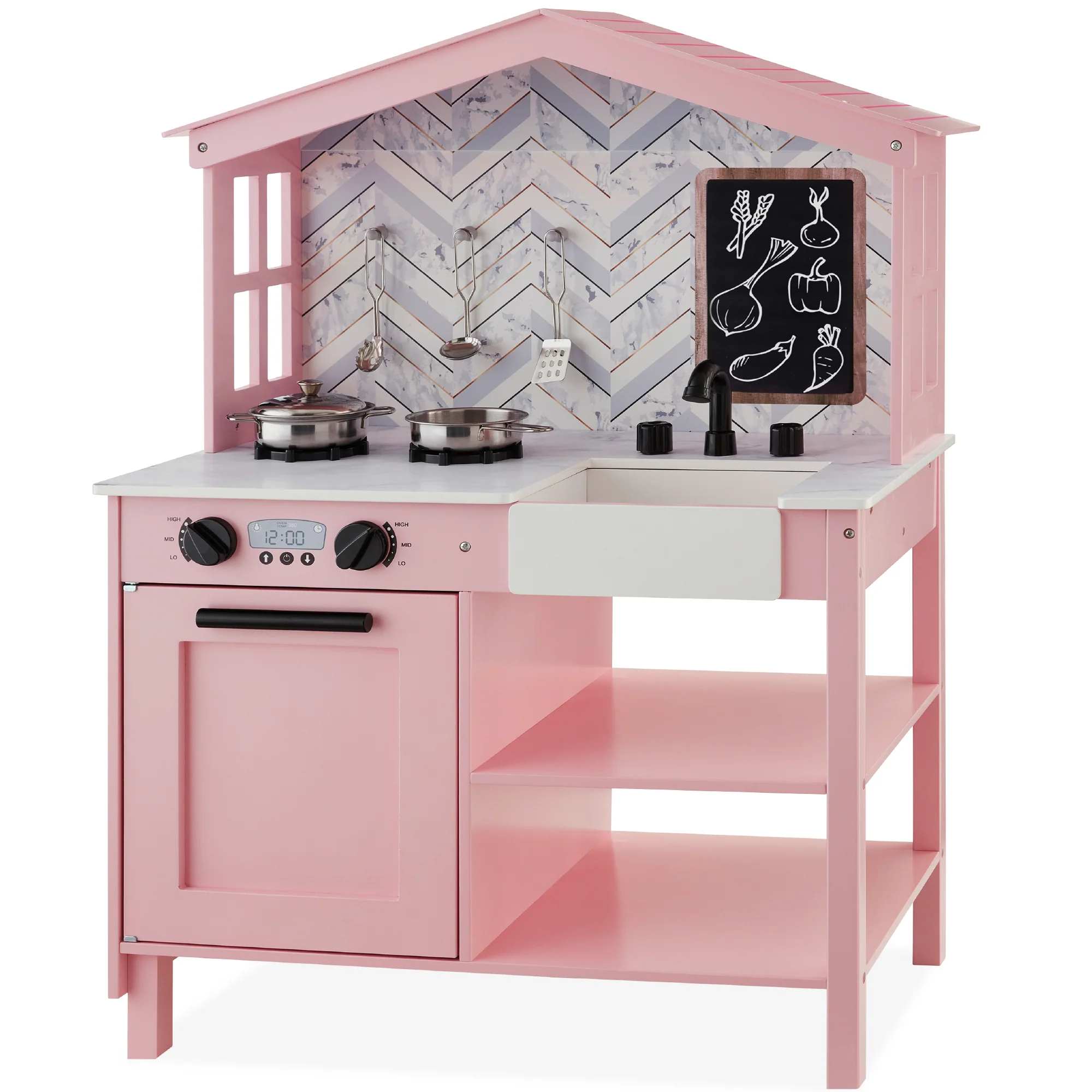 Pretend Play Wooden Farmhouse Kitchen Set w/ Storage, 5 Accessories