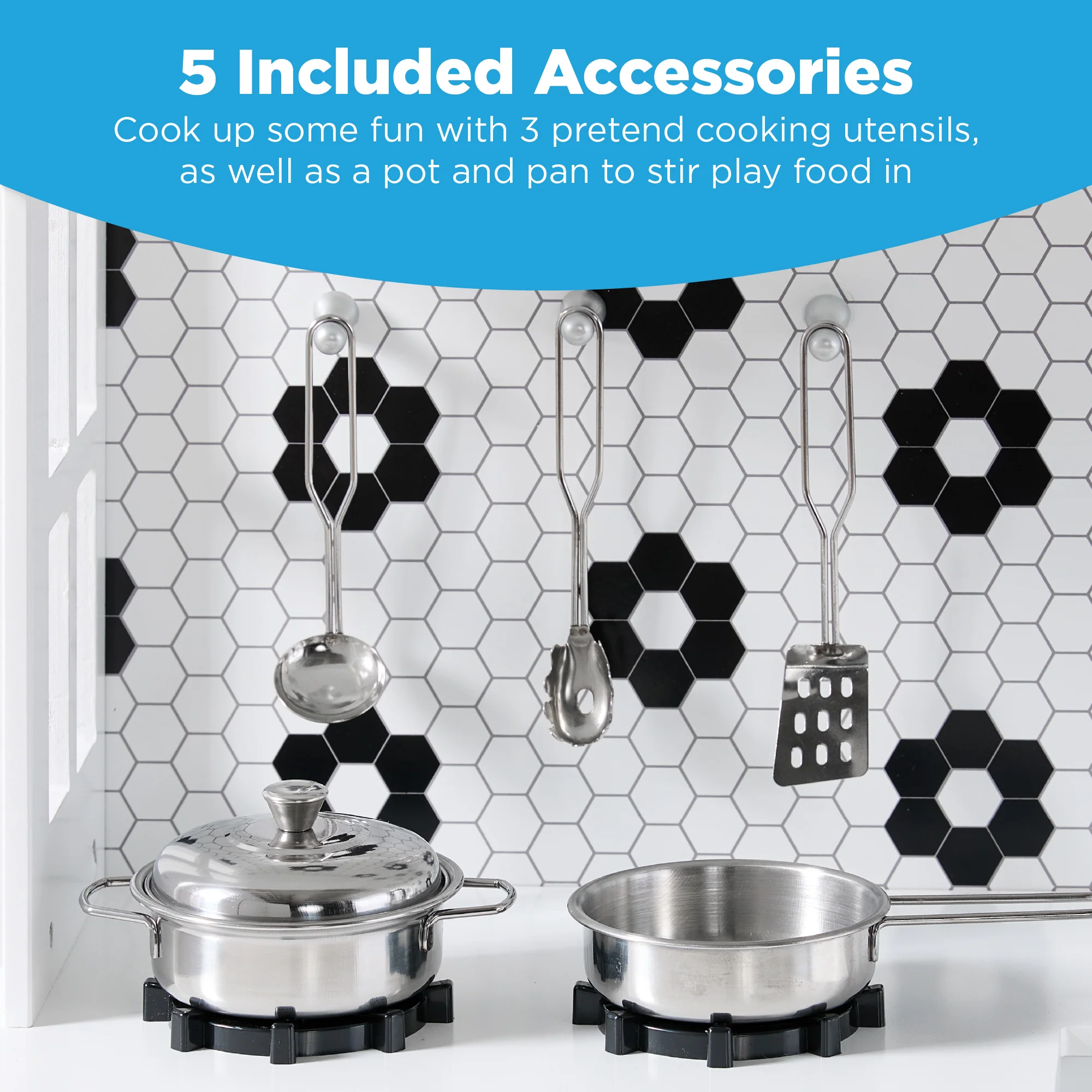 Pretend Play Wooden Farmhouse Kitchen Set w/ Storage, 5 Accessories