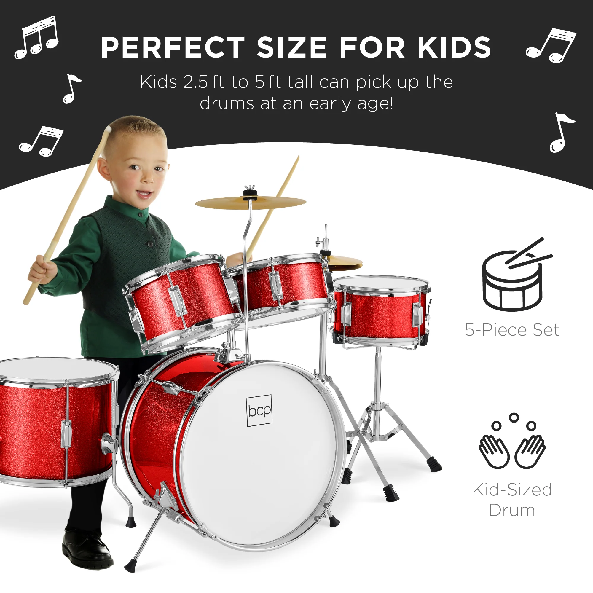 Kids Beginner All Wood Acoustic Drum Kit Starter Set w/ Stool, Drumsticks