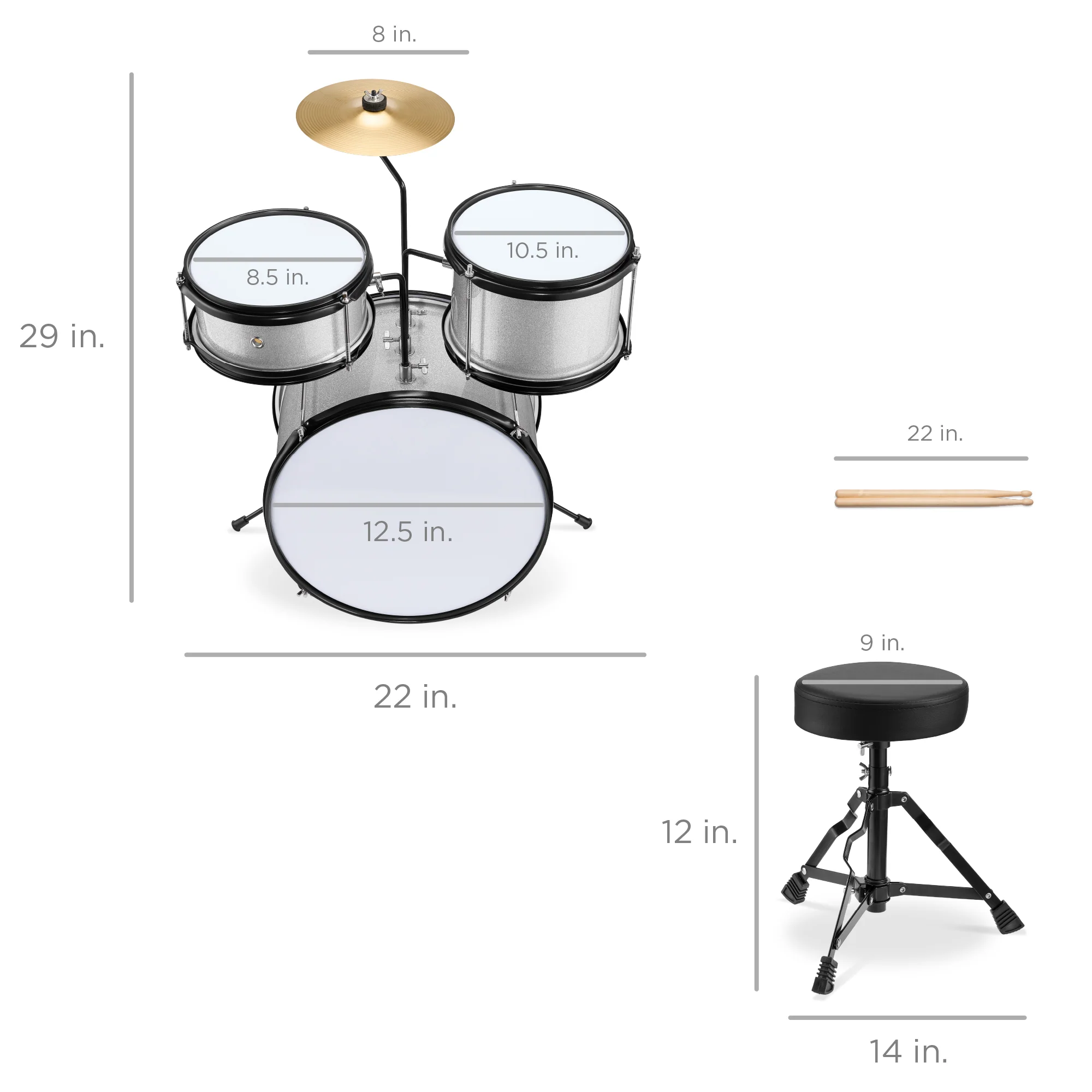 Kids Beginner 3-Piece Drum, Musical Instrument Set w/ Sticks, Stool, Pedal