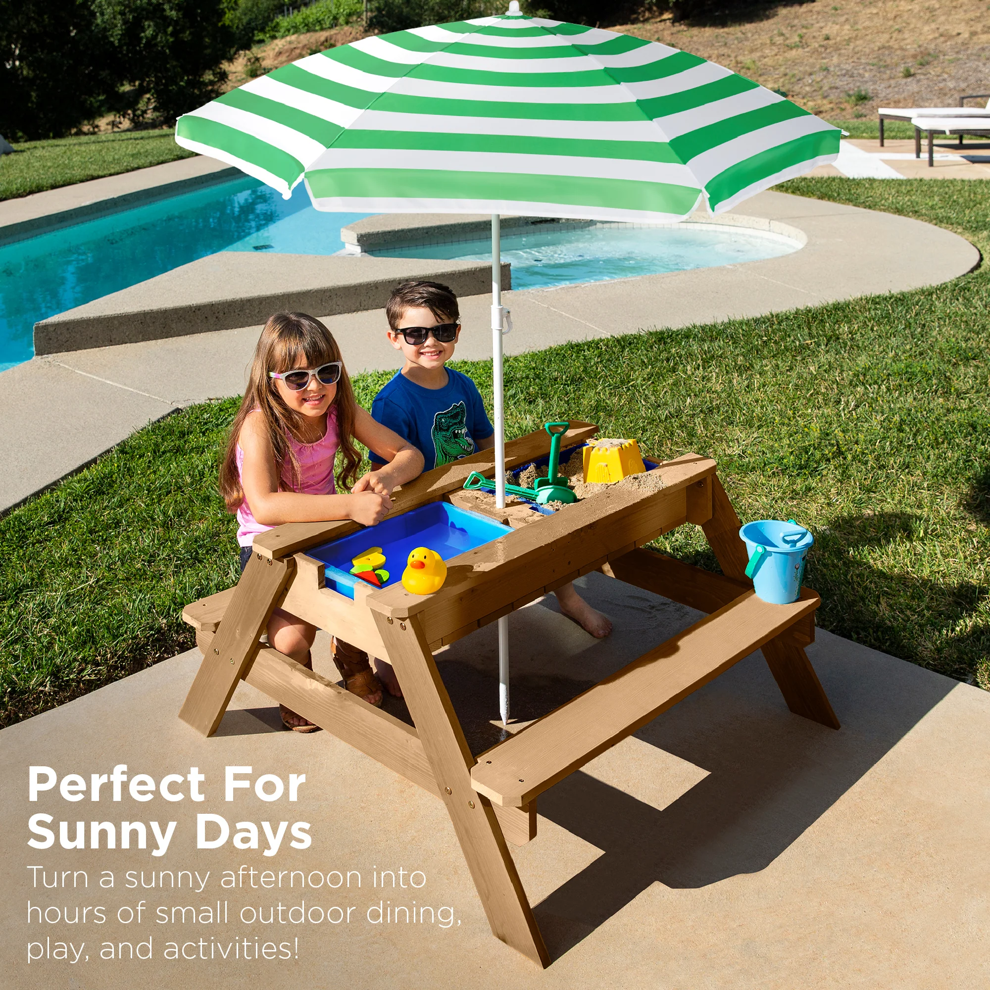 3-in-1 Kids Sand & Water Table Outdoor Wood Picnic Table w/ Umbrella