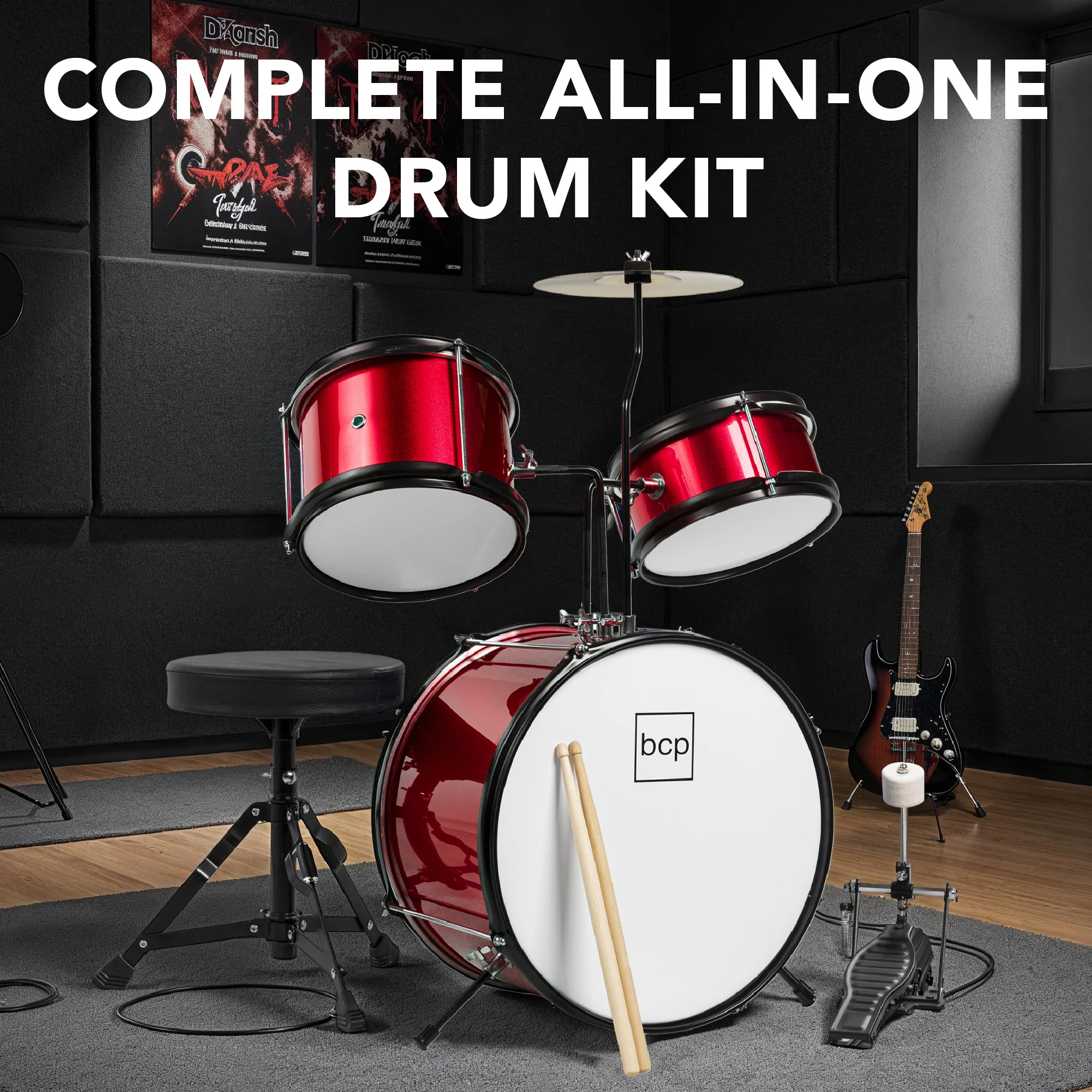 Kids Beginner 3-Piece Drum, Musical Instrument Set w/ Sticks, Stool, Pedal
