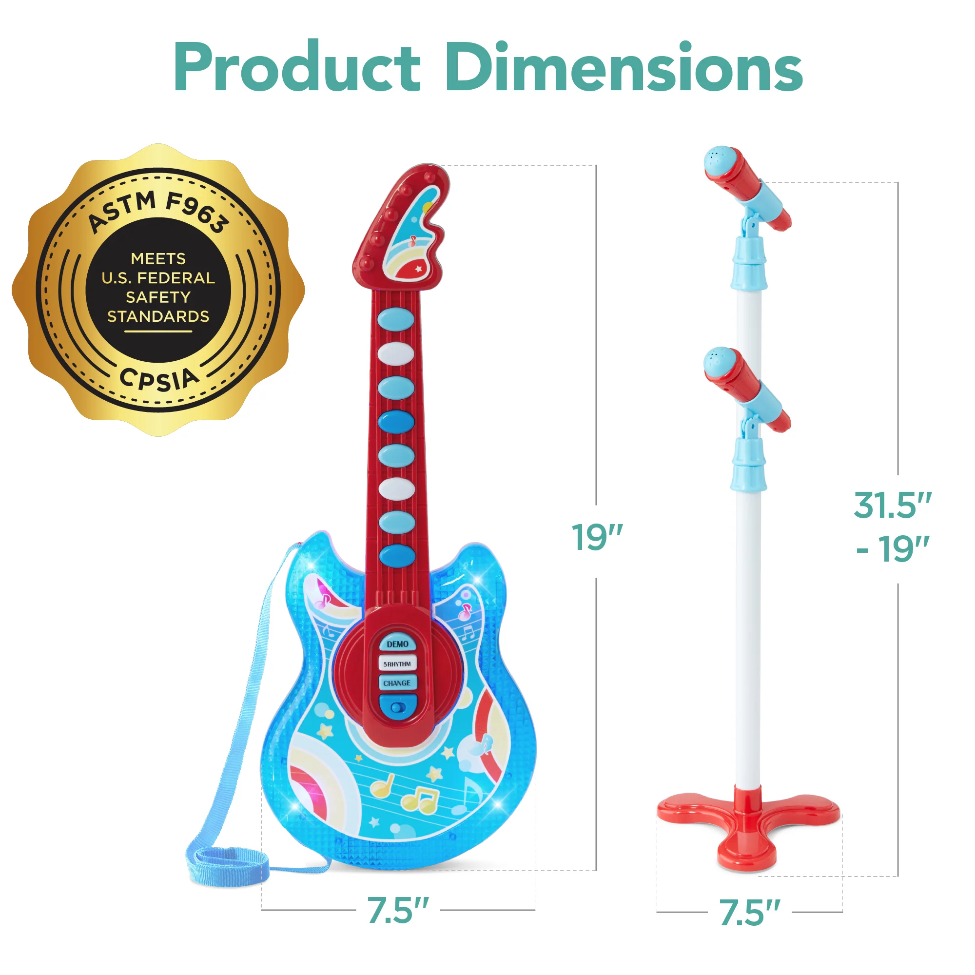 Kids Pretend Play Guitar Musical Instrument Toy w/ Microphone, Stand - 19in