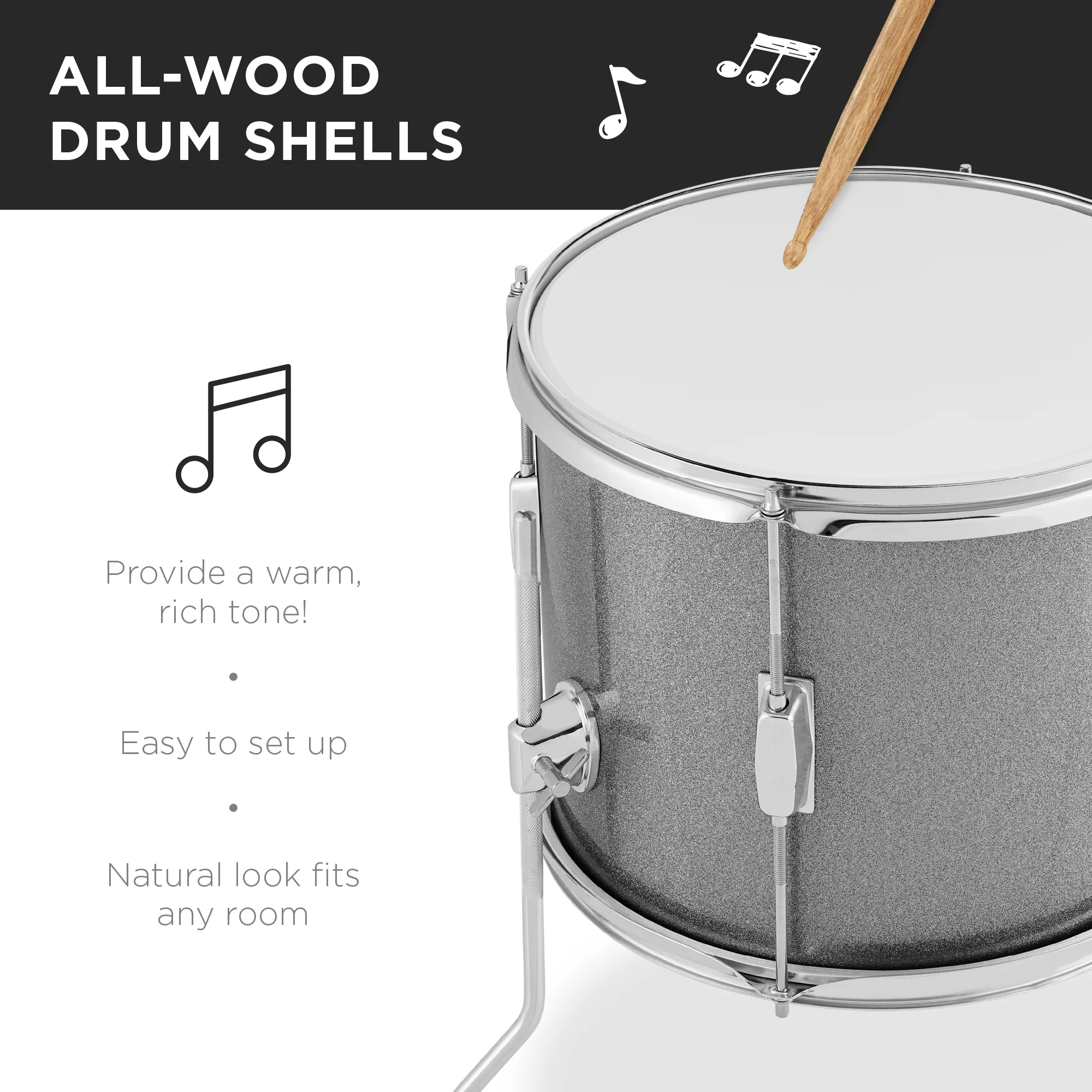 Kids Beginner All Wood Acoustic Drum Kit Starter Set w/ Stool, Drumsticks