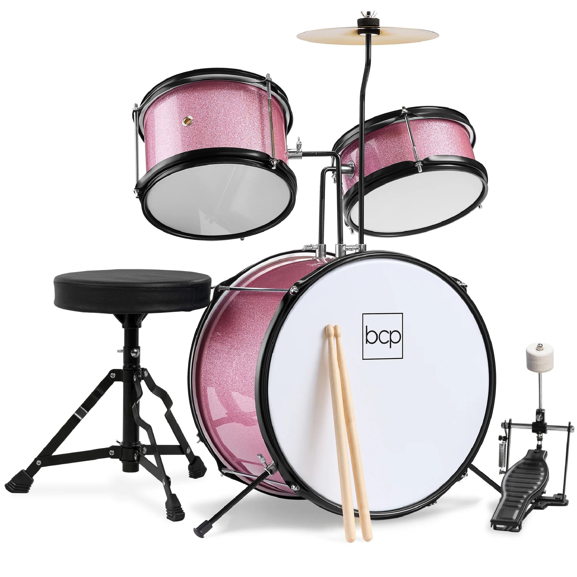 Kids Beginner 3-Piece Drum, Musical Instrument Set w/ Sticks, Stool, Pedal