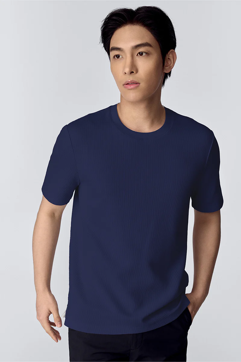 Waffle Crew Neck T-Shirt | Navy NNY096