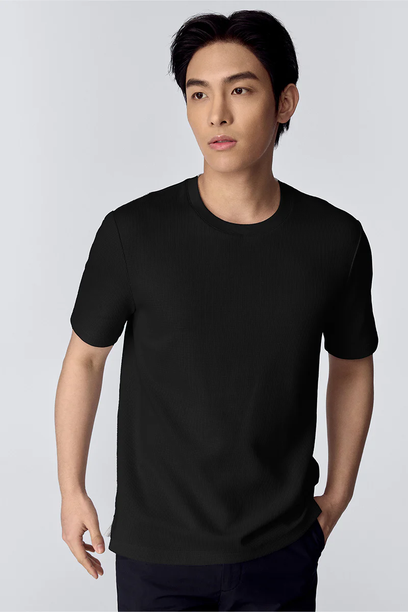 Waffle Crew Neck T-Shirt | Black BKFD01