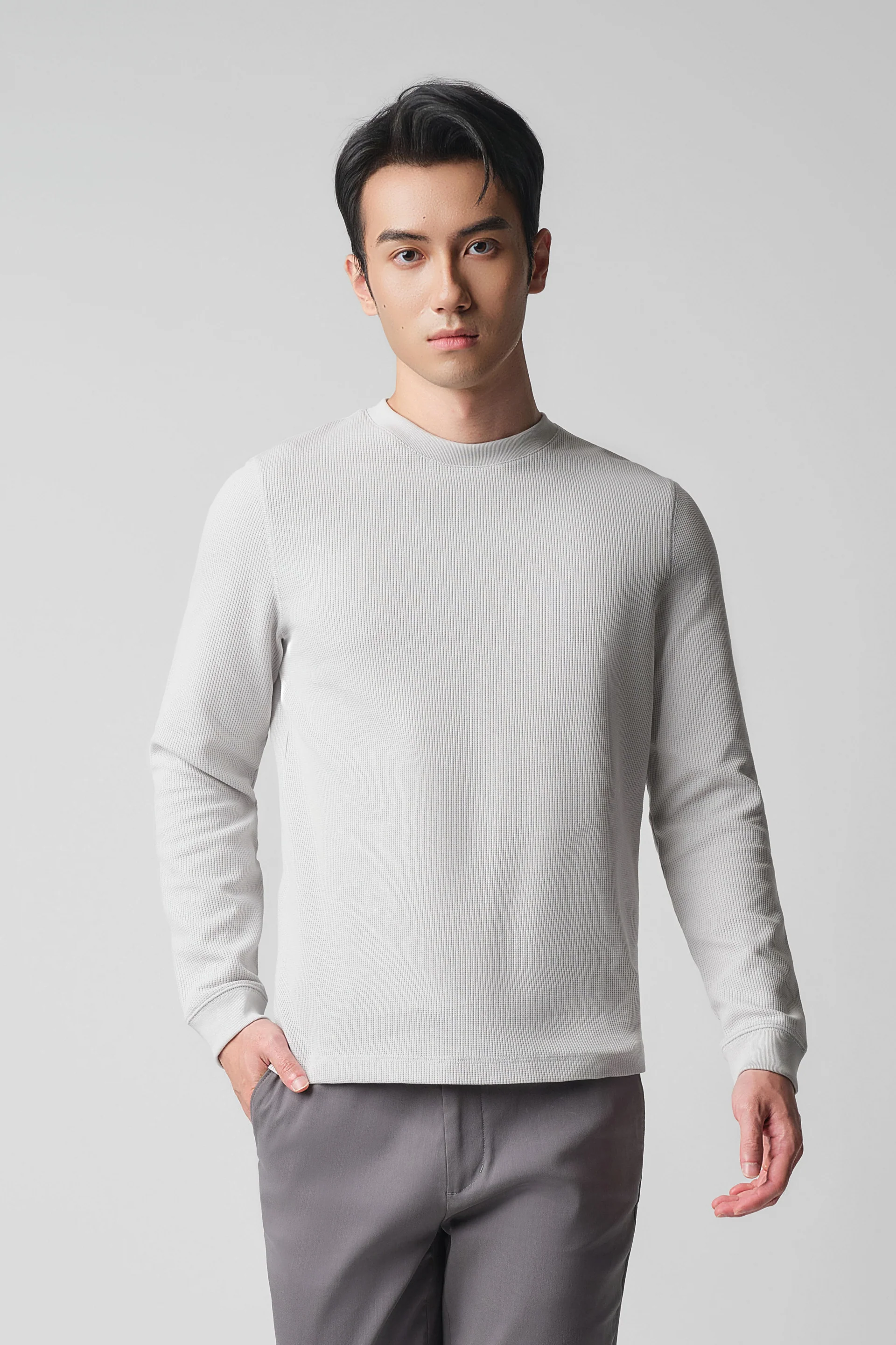Waffle Crew Neck Long Sleeve T-Shirt | Light Grey GYFL01