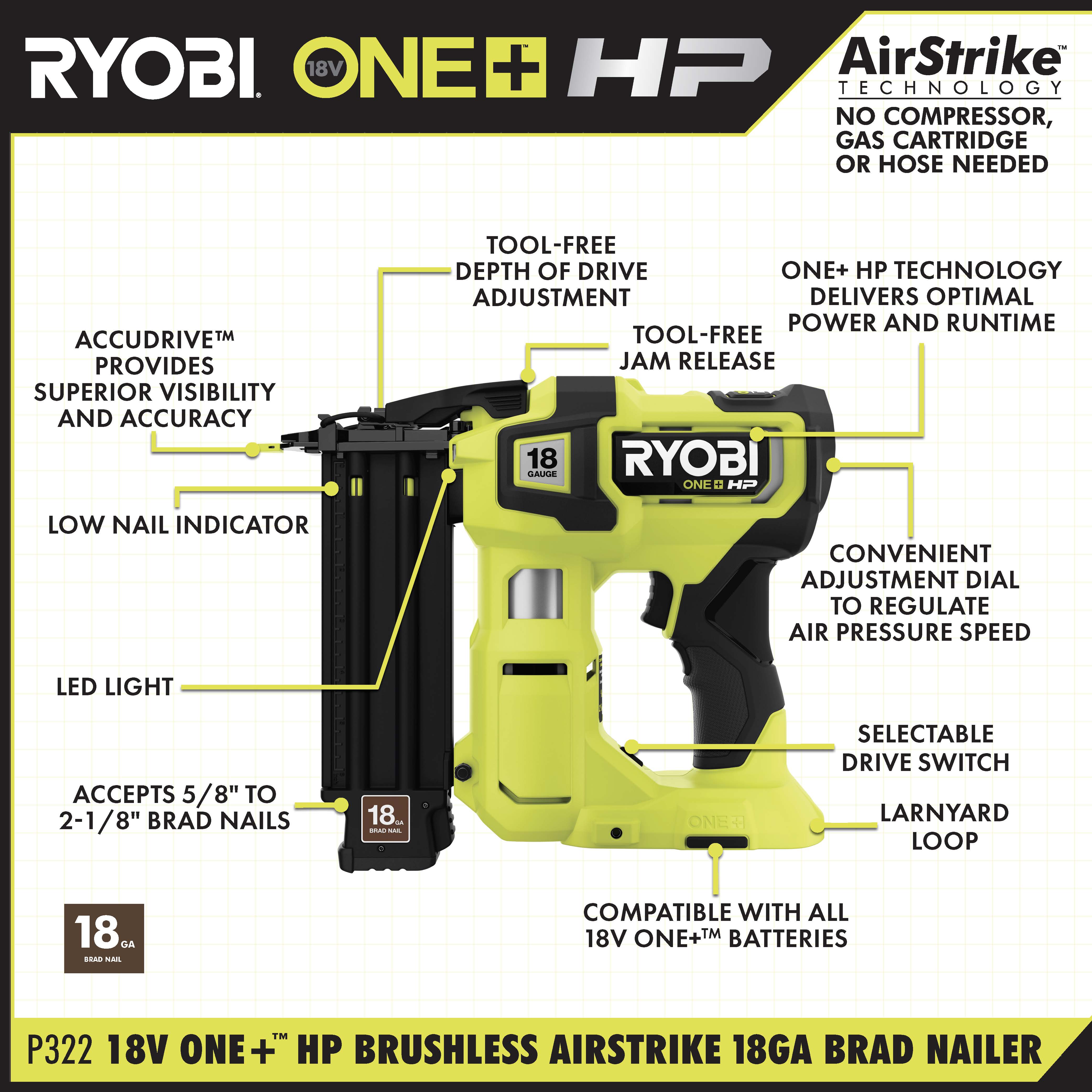 18V ONE+ HP BRUSHLESS AIRSTRIKE 18GA BRAD NAILER