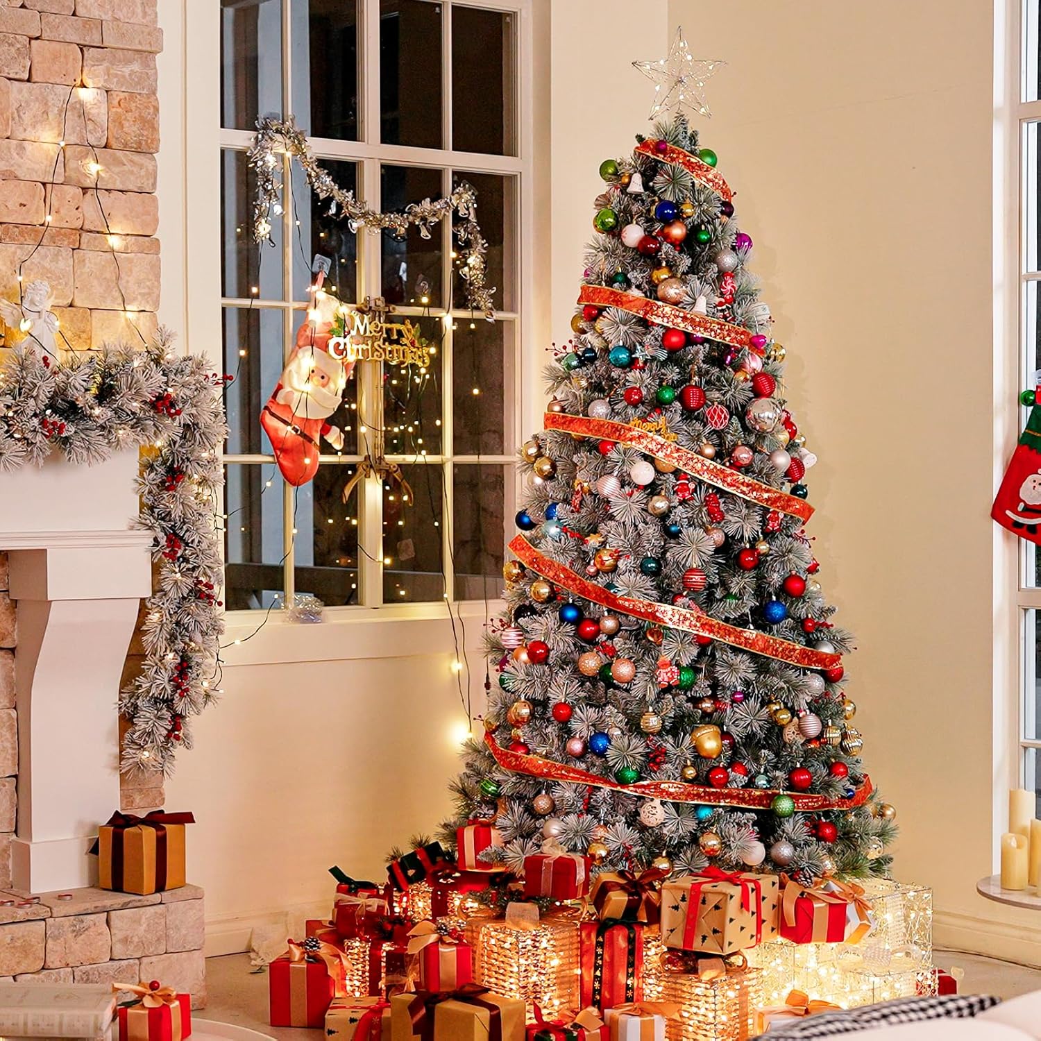 Hykolity 7.5ft Prelit Snow Flocked Christmas Tree, Artificial Christmas Tree with 450 Warm White Lights, 1446 Tips, Metal Stand and Hinged Branches