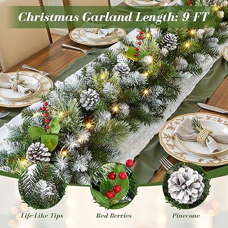 SHareconn 9FT Prelit Artificial Christmas Garland with Color Changing Lights and Timer by Batteries Operated for Mantle Table Stairs Fireplace Xmas Decoration, Holiday Indoor Outdoor, 9 FT, Snow
