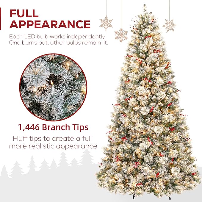 Hykolity 7.5ft Prelit Snow Flocked Christmas Tree, Artificial Christmas Tree with 450 Warm White Lights, 1446 Tips, Metal Stand and Hinged Branches