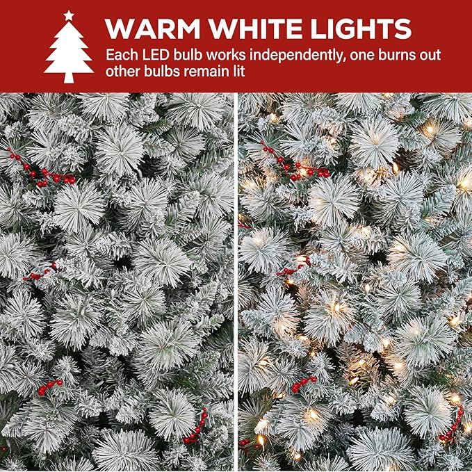 Hykolity 7.5ft Prelit Snow Flocked Christmas Tree, Artificial Christmas Tree with 450 Warm White Lights, 1446 Tips, Metal Stand and Hinged Branches