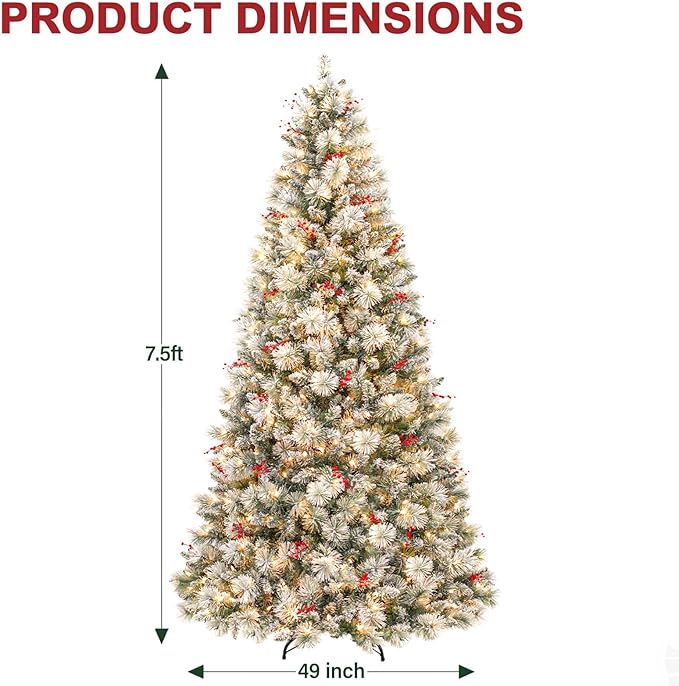 Hykolity 7.5ft Prelit Snow Flocked Christmas Tree, Artificial Christmas Tree with 450 Warm White Lights, 1446 Tips, Metal Stand and Hinged Branches