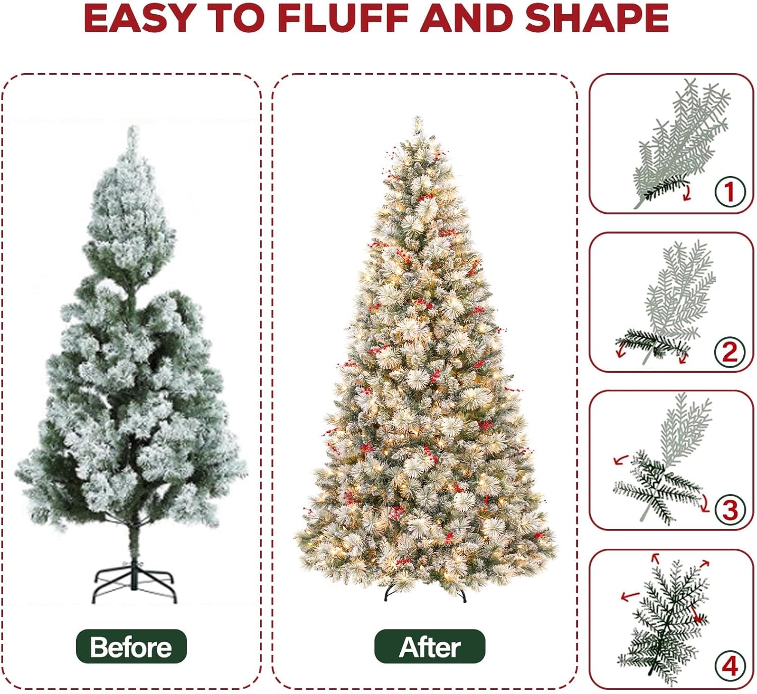 Hykolity 7.5ft Prelit Snow Flocked Christmas Tree, Artificial Christmas Tree with 450 Warm White Lights, 1446 Tips, Metal Stand and Hinged Branches