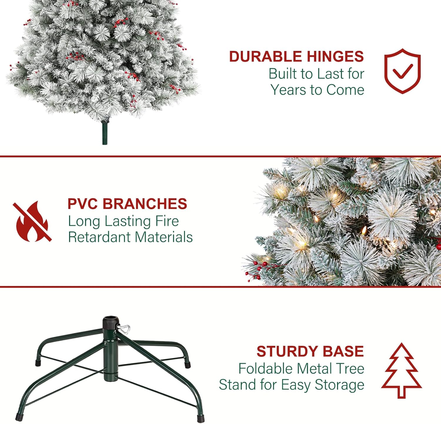 Hykolity 7.5ft Prelit Snow Flocked Christmas Tree, Artificial Christmas Tree with 450 Warm White Lights, 1446 Tips, Metal Stand and Hinged Branches