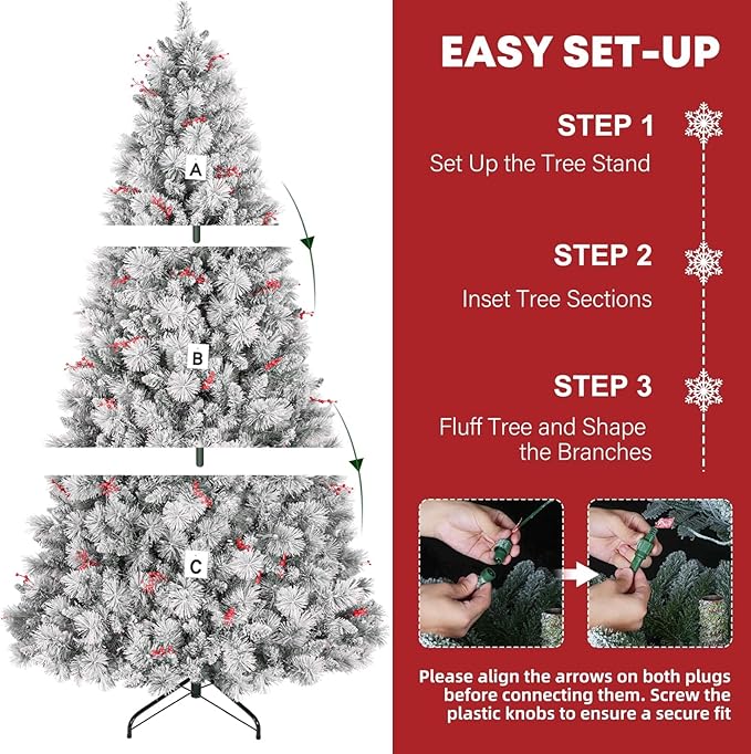 Hykolity 7.5ft Prelit Snow Flocked Christmas Tree, Artificial Christmas Tree with 450 Warm White Lights, 1446 Tips, Metal Stand and Hinged Branches