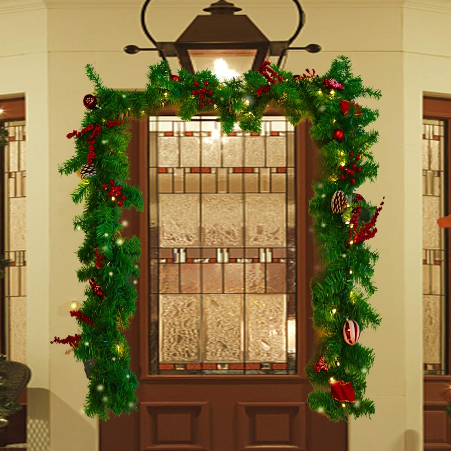 MorTime 9 FT LED Christmas Garland with Pinecones Red Berries Bows Christmas Balls Candies, Multi-Function Christmas Garland with 50 Warm White LED Lights, 180 Branch Tips