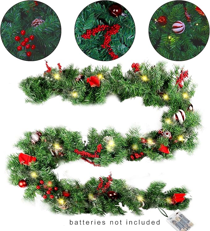 MorTime 9 FT LED Christmas Garland with Pinecones Red Berries Bows Christmas Balls Candies, Multi-Function Christmas Garland with 50 Warm White LED Lights, 180 Branch Tips
